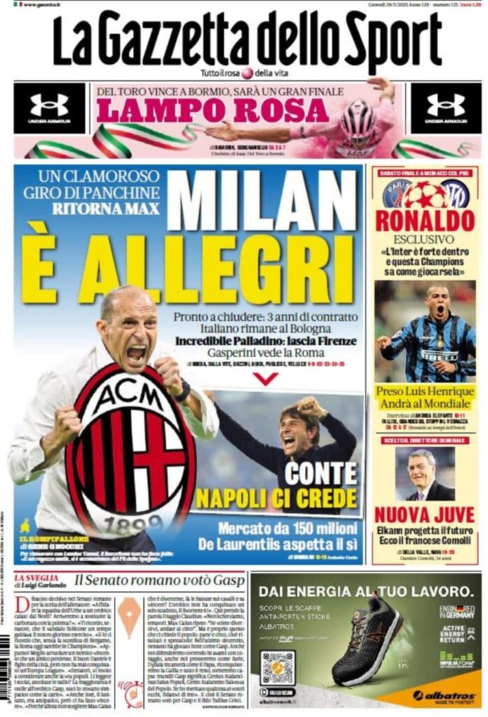PRIMA PAGINA GAZZETTA DELLO SPORT OGGI: “Inzaghi al rinnovo, ci metto la firma”