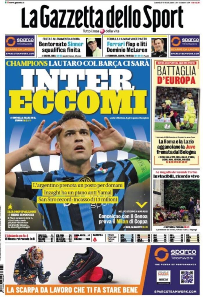 PRIMA PAGINA GAZZETTA DELLO SPORT OGGI: “Inzaghi al rinnovo, ci metto la firma”