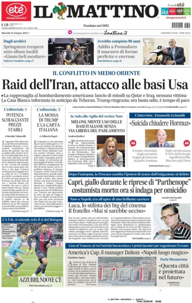 prima pagina il mattino oggi
