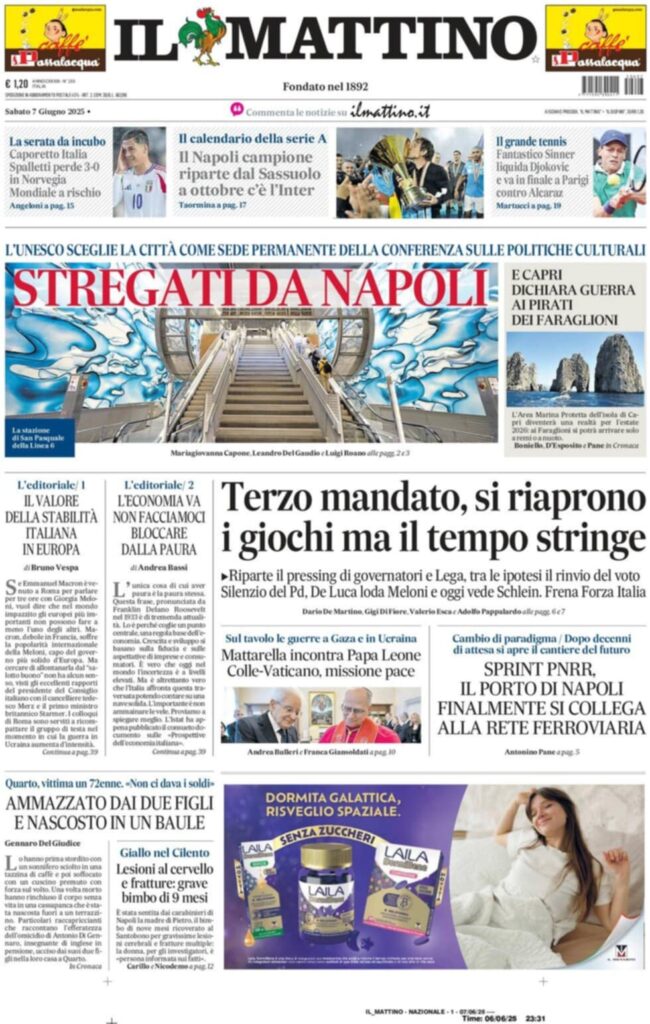 prima pagina il mattino oggi