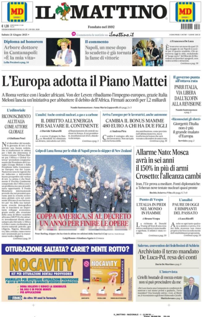 prima pagina il mattino oggi