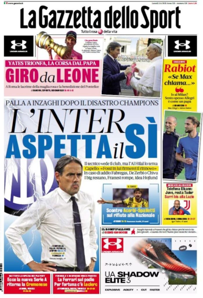 PRIMA PAGINA GAZZETTA DELLO SPORT OGGI: “Inzaghi al rinnovo, ci metto la firma”