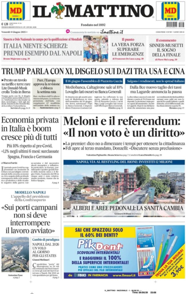 prima pagina il mattino oggi