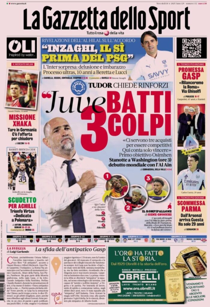 PRIMA PAGINA GAZZETTA DELLO SPORT OGGI: “Inzaghi al rinnovo, ci metto la firma”