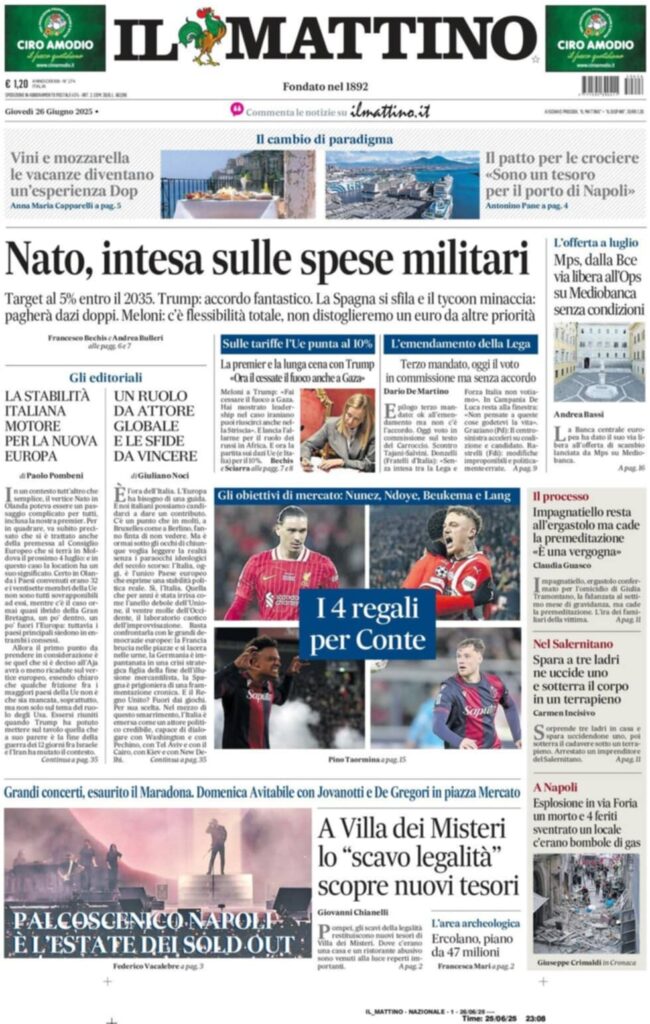 prima pagina il mattino oggi