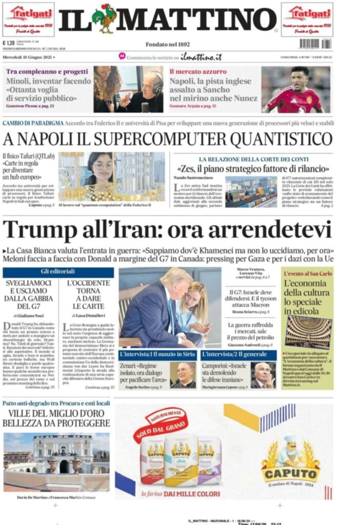 prima pagina il mattino oggi