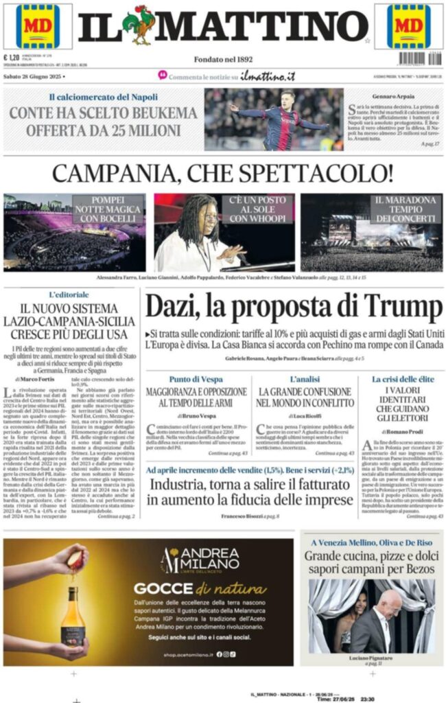 prima pagina il mattino oggi
